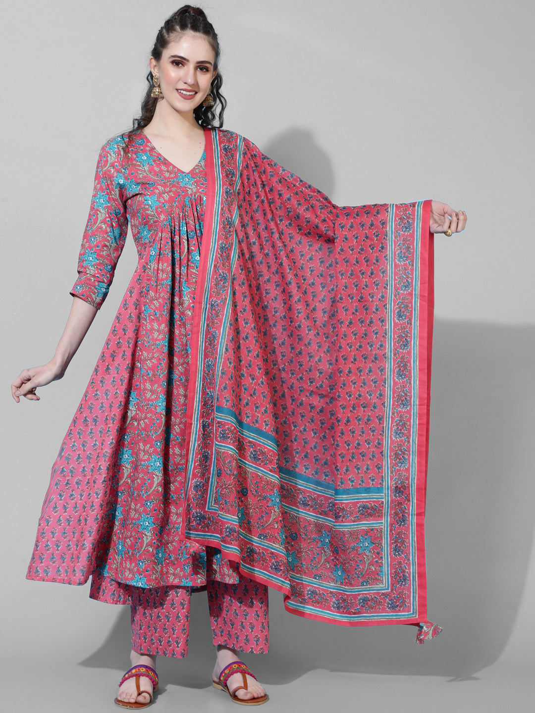 Cotton Calf Length Printed Semi-Flared 3/4  Sleeves V-Neck Kurta Bottom Dupatta Set