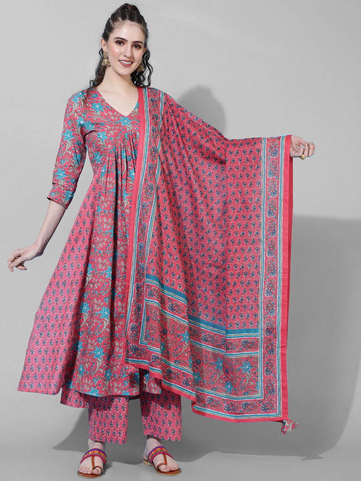 Cotton Calf Length Printed Semi-Flared 3/4  Sleeves V-Neck Kurta Bottom Dupatta Set