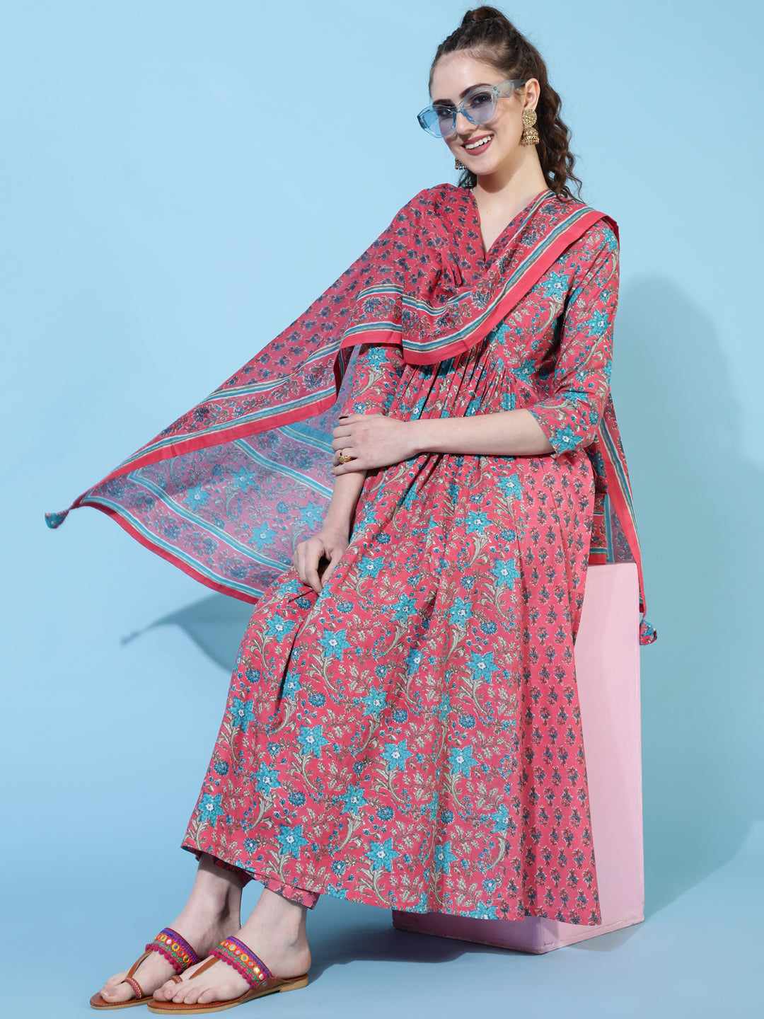 Cotton Calf Length Printed Semi-Flared 3/4  Sleeves V-Neck Kurta Bottom Dupatta Set