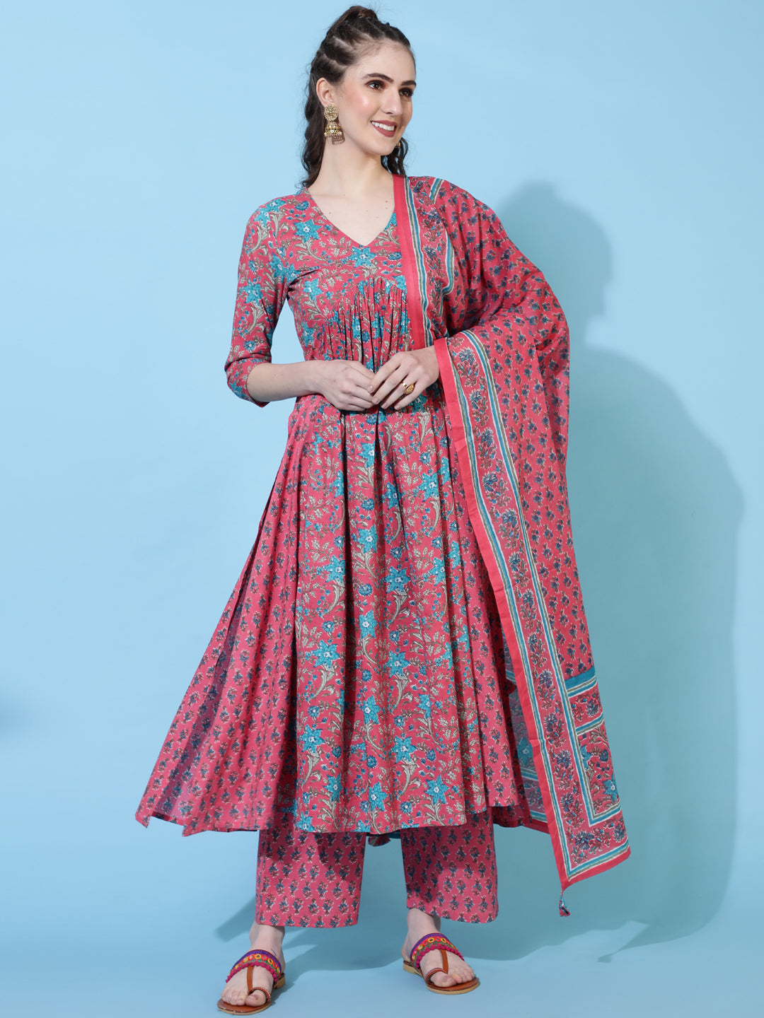 Cotton Calf Length Printed Semi-Flared 3/4  Sleeves V-Neck Kurta Bottom Dupatta Set