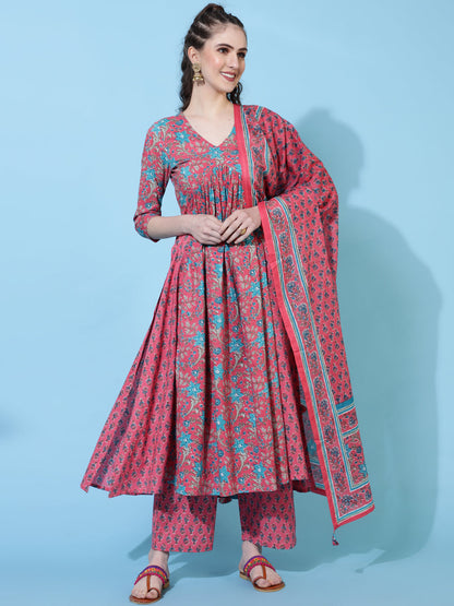Cotton Calf Length Printed Semi-Flared 3/4  Sleeves V-Neck Kurta Bottom Dupatta Set
