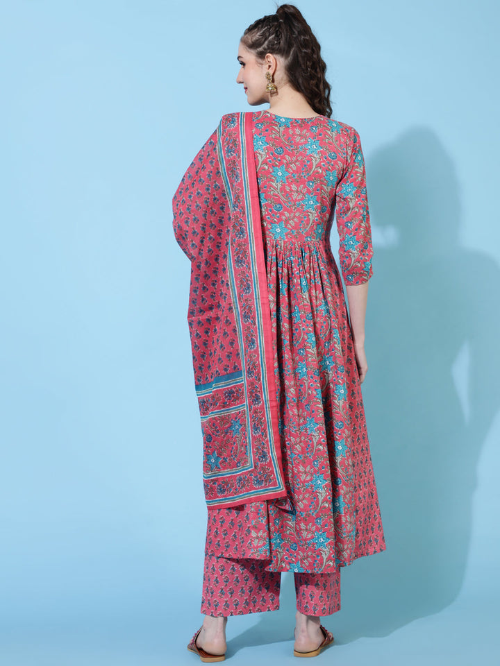Cotton Calf Length Printed Semi-Flared 3/4  Sleeves V-Neck Kurta Bottom Dupatta Set