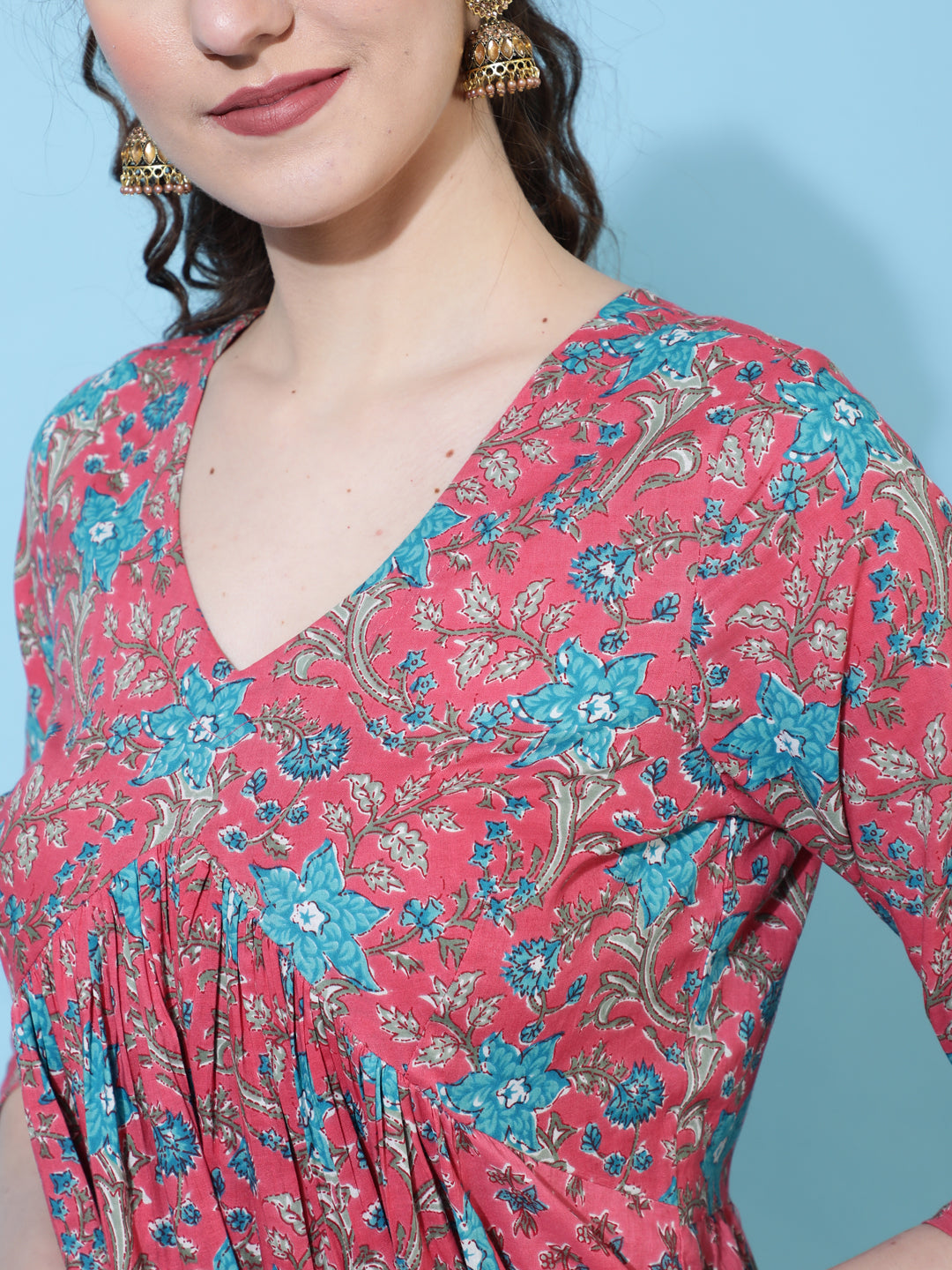 Cotton Calf Length Printed Semi-Flared 3/4  Sleeves V-Neck Kurta Bottom Dupatta Set