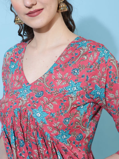 Cotton Calf Length Printed Semi-Flared 3/4  Sleeves V-Neck Kurta Bottom Dupatta Set