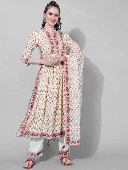 Rayon Calf Length Printed Semi-Flared 3/4  Sleeves Round Neck Kurta Bottom Dupatta Set
