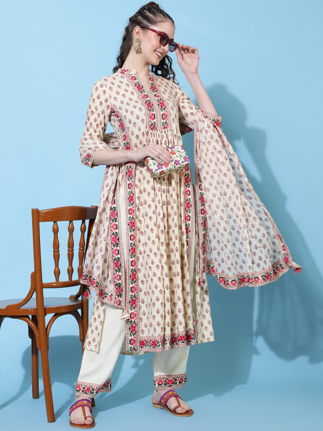 Rayon Calf Length Printed Semi-Flared 3/4  Sleeves Round Neck Kurta Bottom Dupatta Set