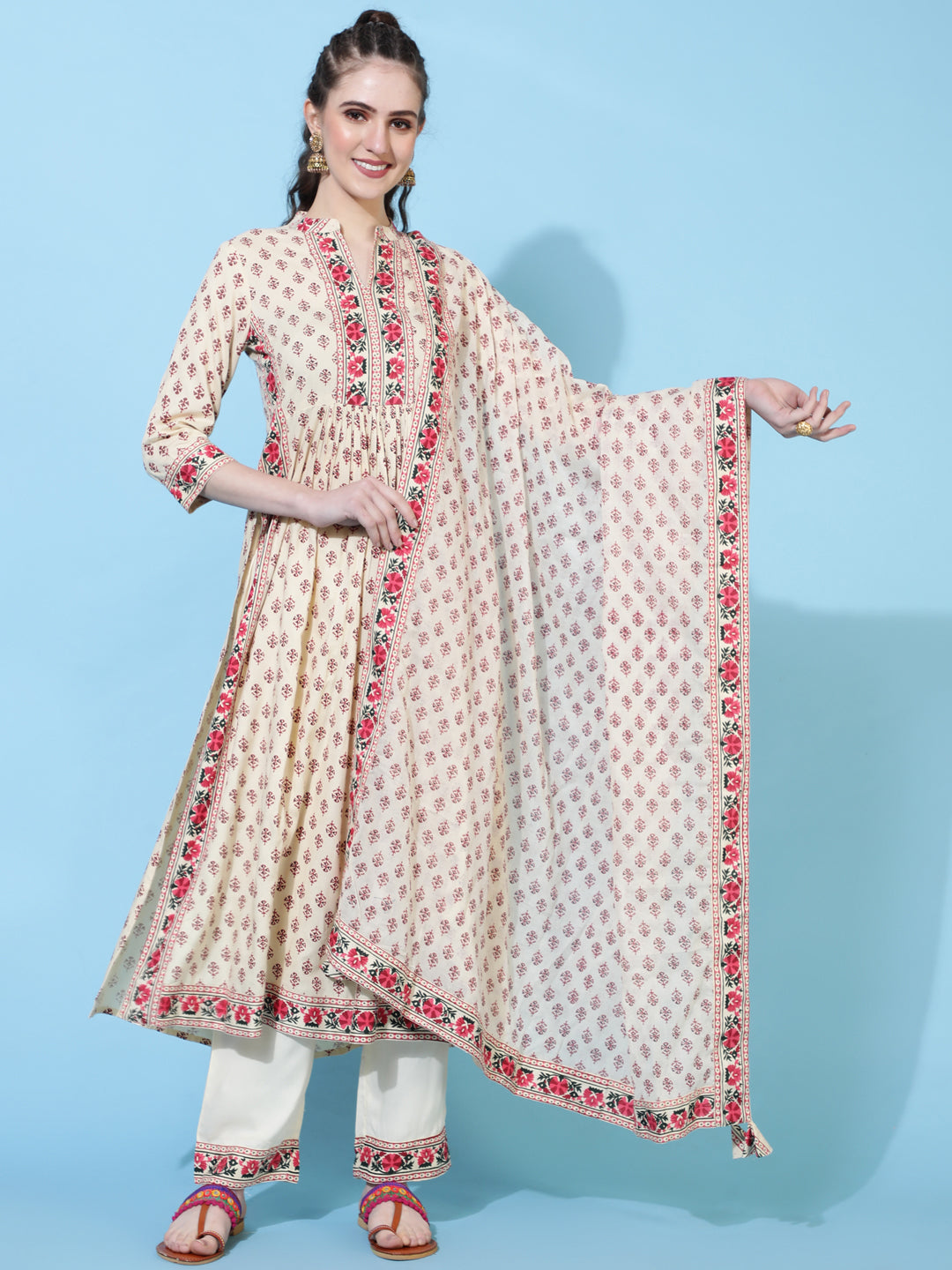 Rayon Calf Length Printed Semi-Flared 3/4  Sleeves Round Neck Kurta Bottom Dupatta Set