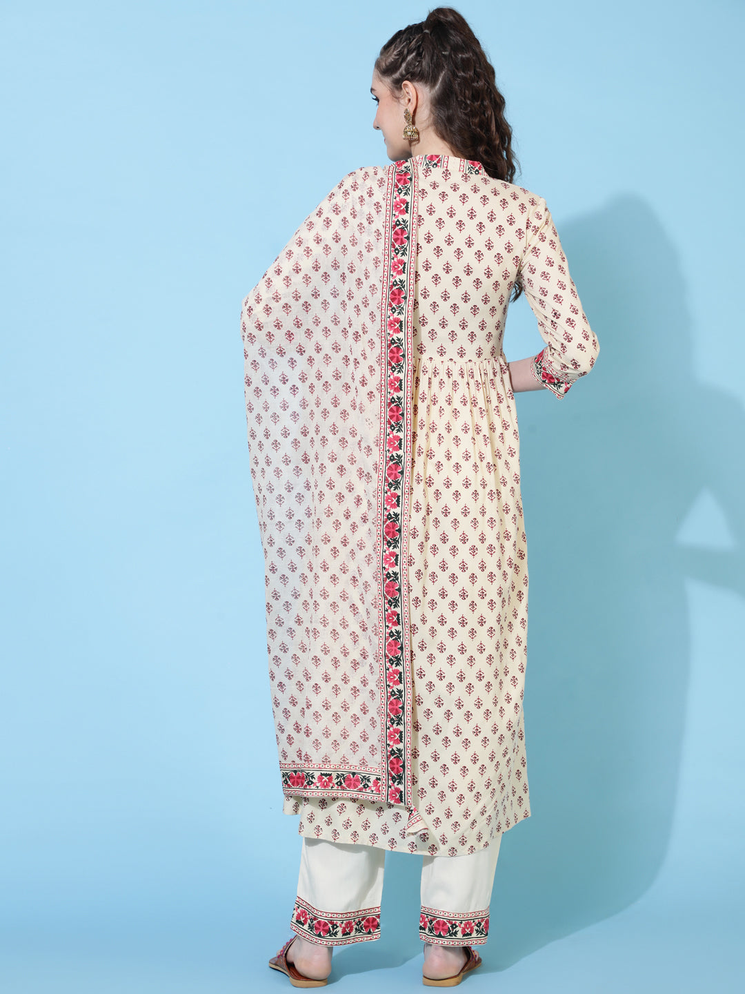 Rayon Calf Length Printed Semi-Flared 3/4  Sleeves Round Neck Kurta Bottom Dupatta Set