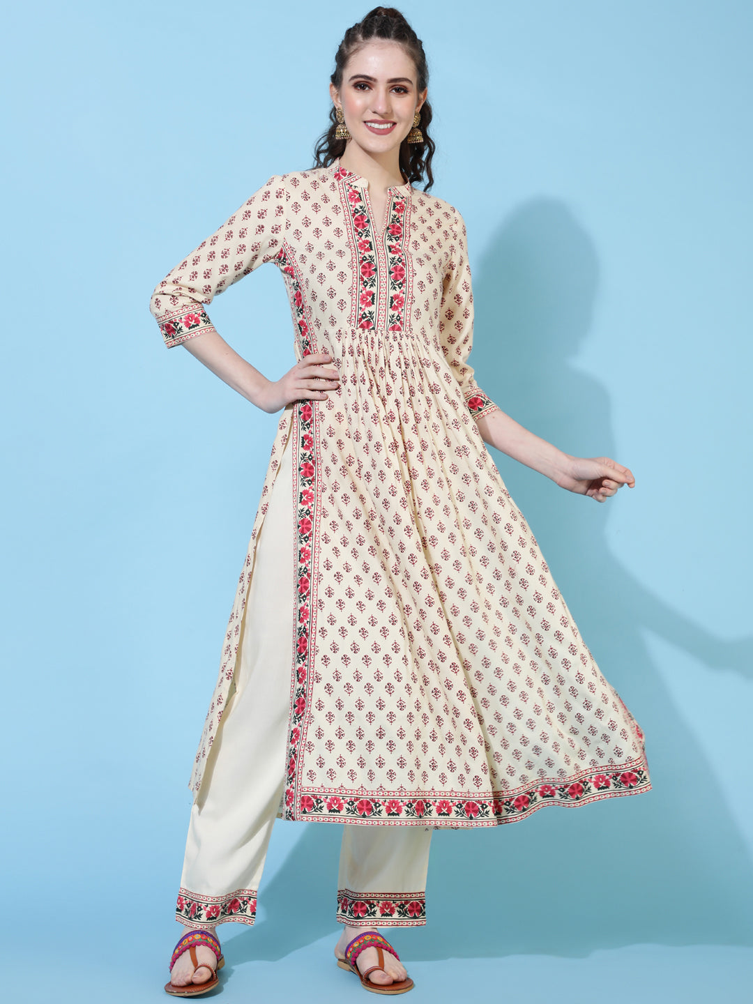 Rayon Calf Length Printed Semi-Flared 3/4  Sleeves Round Neck Kurta Bottom Dupatta Set
