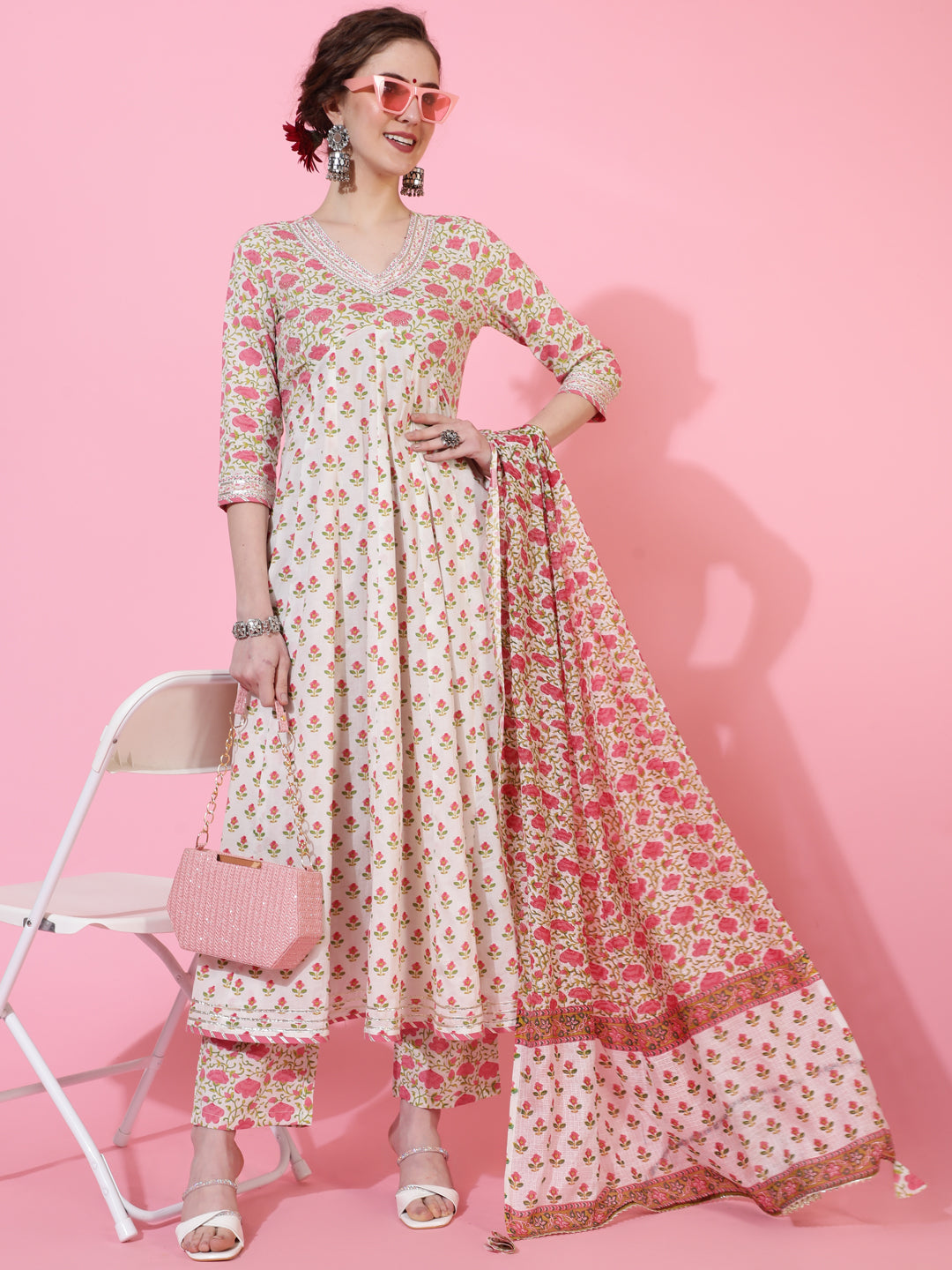 Rayon Calf Length Printed Flared 3/4  Sleeves Round Neck Kurta Bottom Dupatta Set