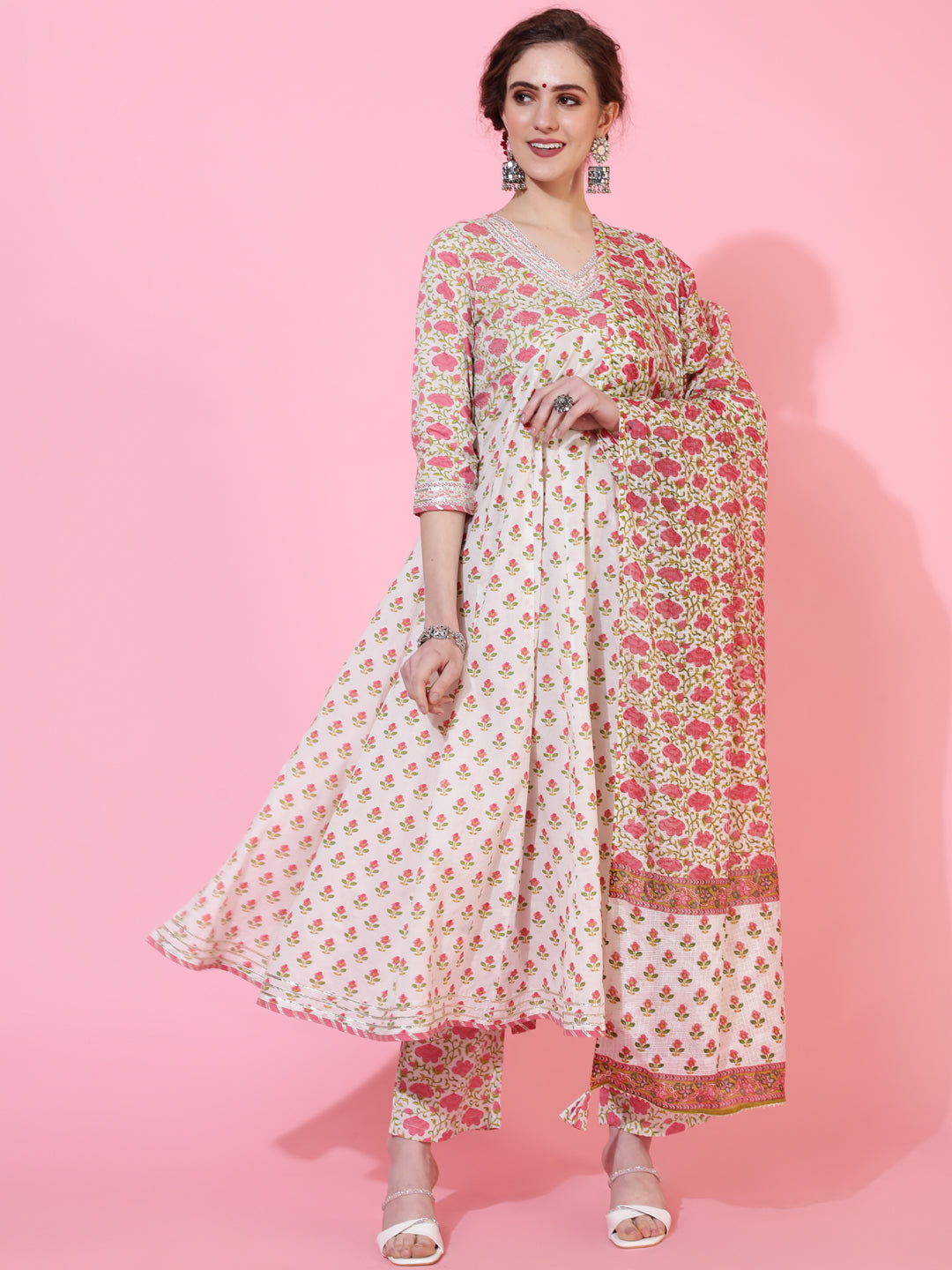 Rayon Calf Length Printed Flared 3/4  Sleeves Round Neck Kurta Bottom Dupatta Set