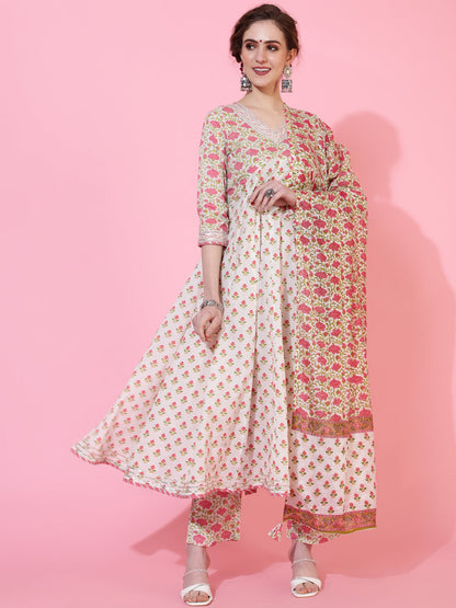 Rayon Calf Length Printed Flared 3/4  Sleeves Round Neck Kurta Bottom Dupatta Set