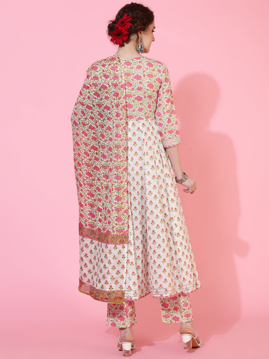 Rayon Calf Length Printed Flared 3/4  Sleeves Round Neck Kurta Bottom Dupatta Set
