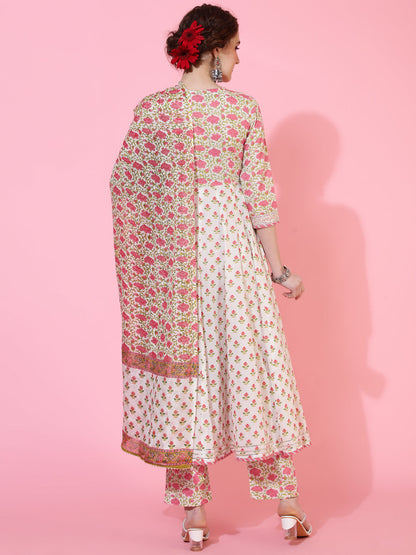 Rayon Calf Length Printed Flared 3/4  Sleeves Round Neck Kurta Bottom Dupatta Set