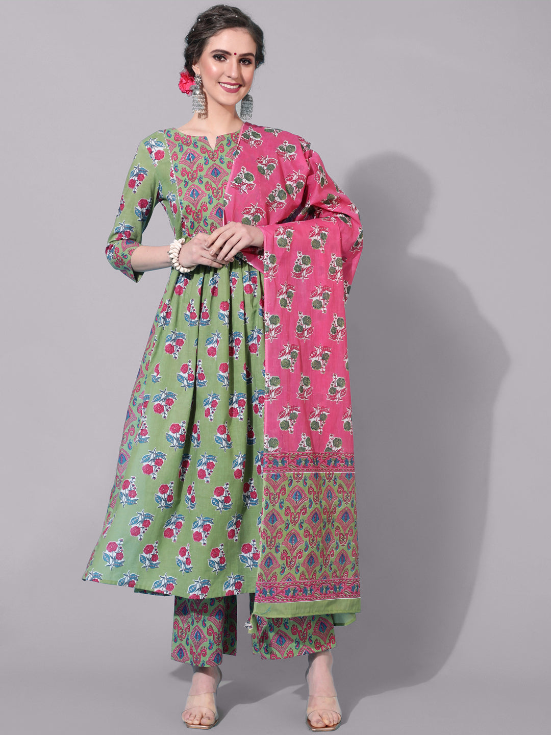 Cotton Calf Printed Semi-Flared 3/4 sleeves Round Neck Kurta Bottom Dupatta Set