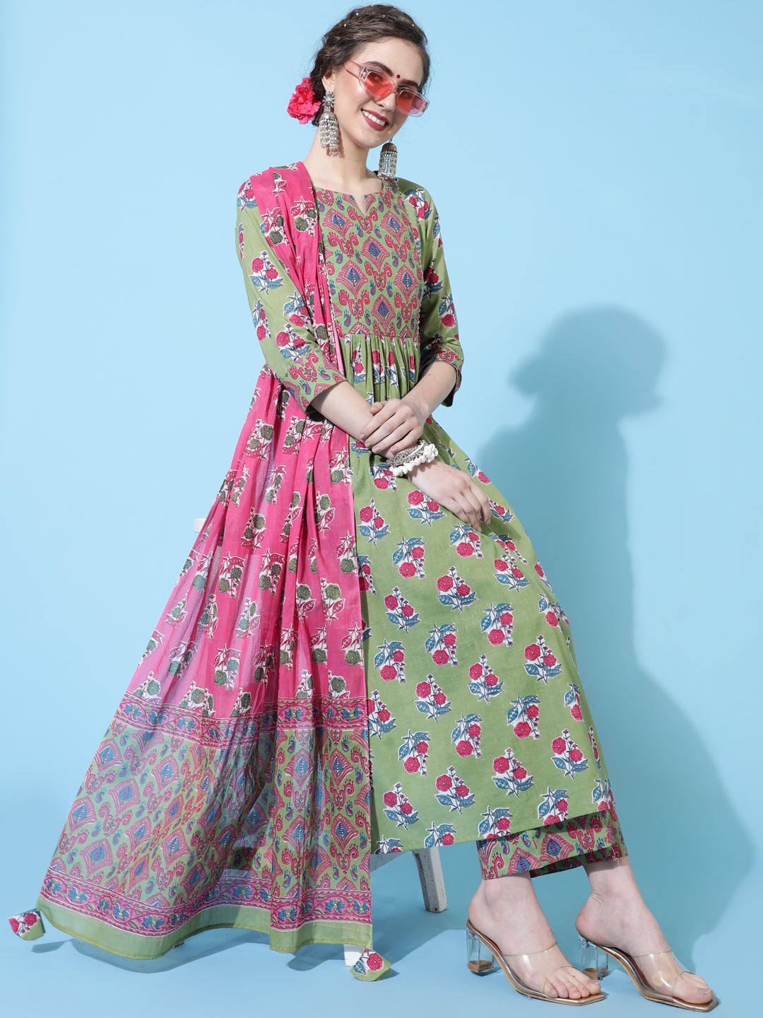 Cotton Calf Printed Semi-Flared 3/4 sleeves Round Neck Kurta Bottom Dupatta Set