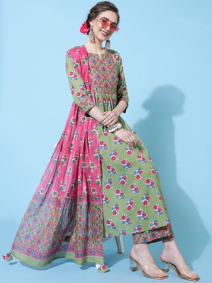 Cotton Calf Printed Semi-Flared 3/4 sleeves Round Neck Kurta Bottom Dupatta Set