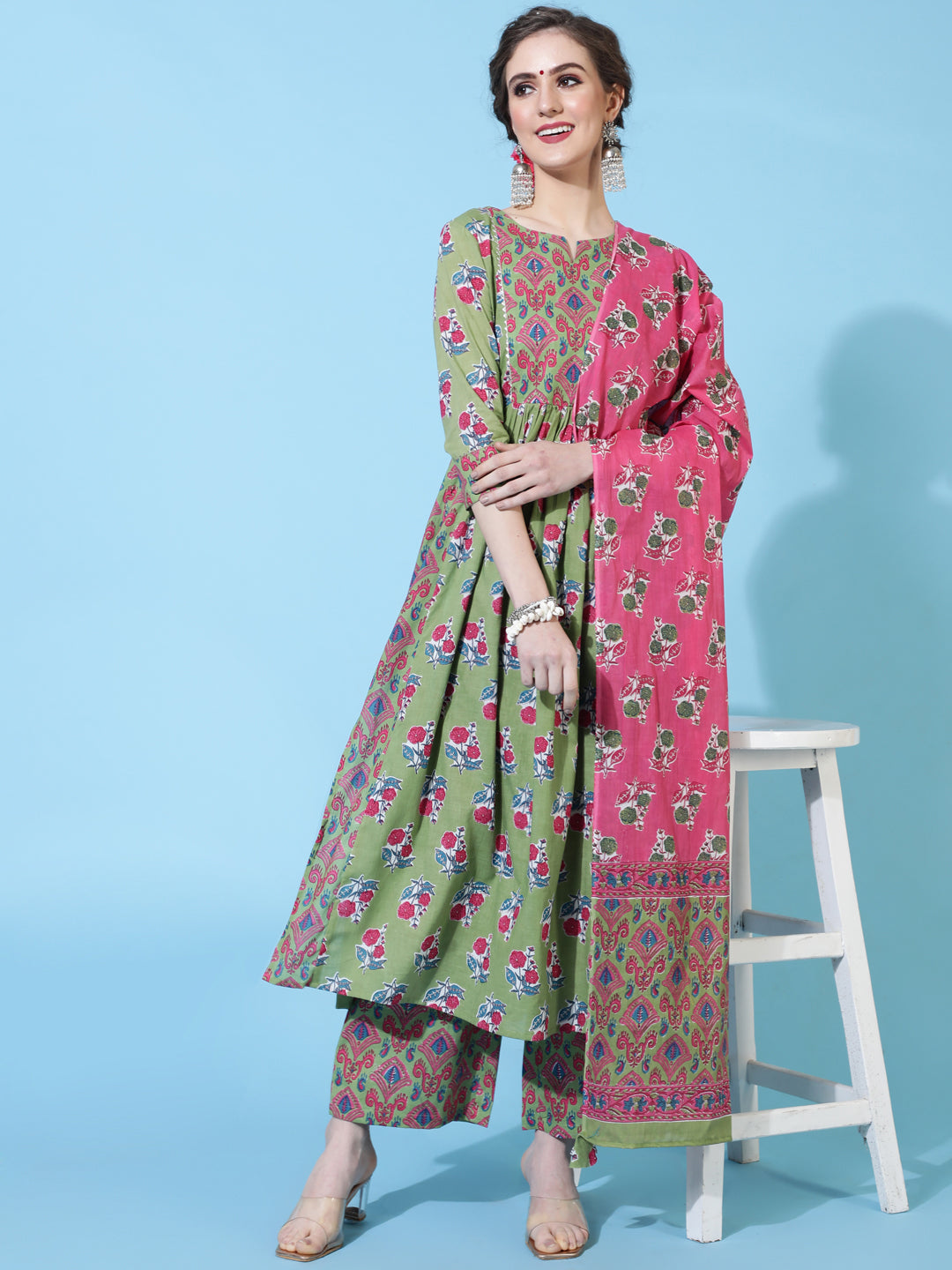 Cotton Calf Printed Semi-Flared 3/4 sleeves Round Neck Kurta Bottom Dupatta Set