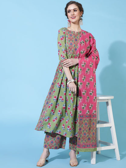 Cotton Calf Printed Semi-Flared 3/4 sleeves Round Neck Kurta Bottom Dupatta Set