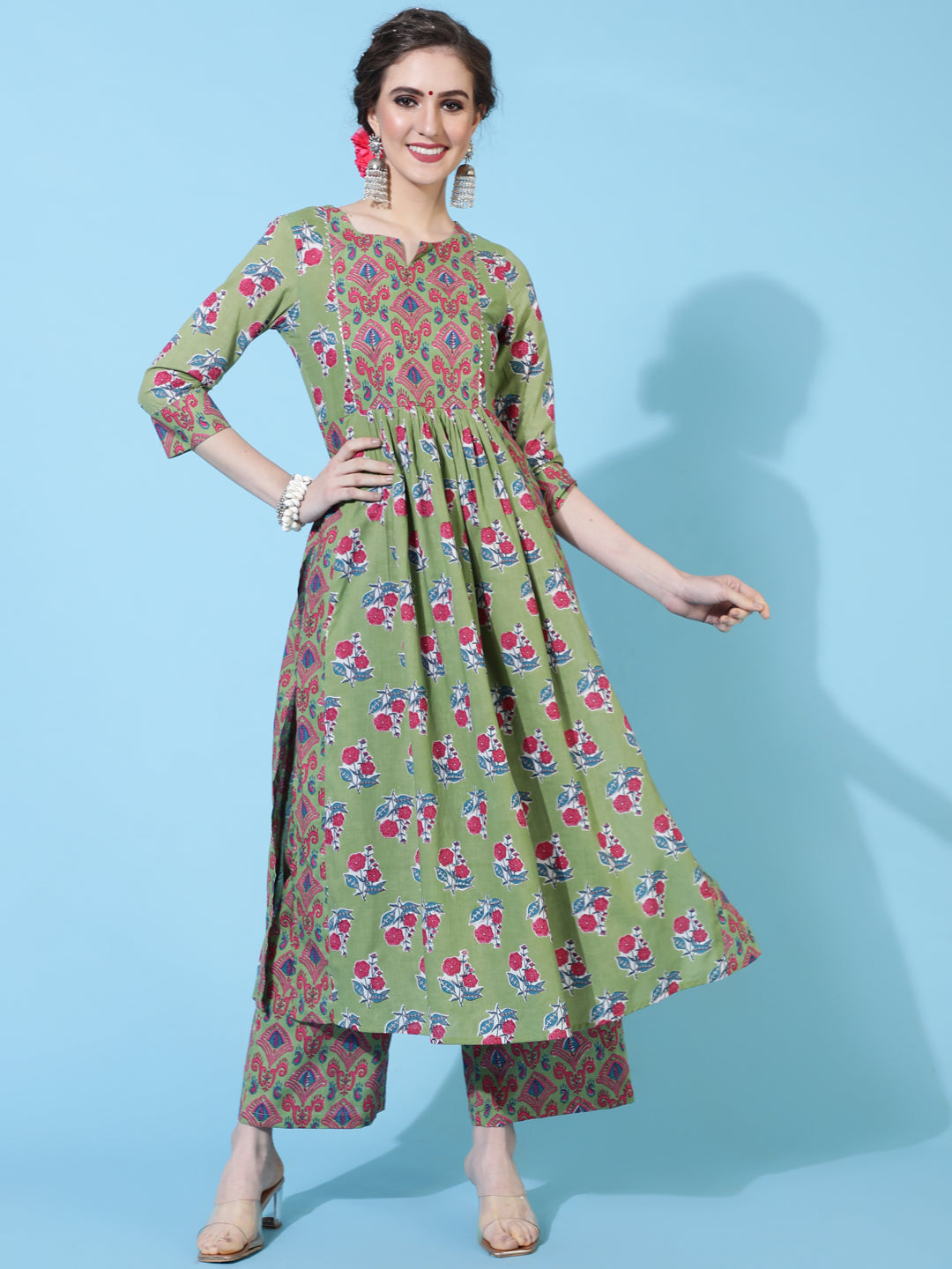 Cotton Calf Printed Semi-Flared 3/4 sleeves Round Neck Kurta Bottom Dupatta Set