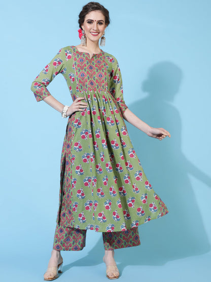Cotton Calf Printed Semi-Flared 3/4 sleeves Round Neck Kurta Bottom Dupatta Set