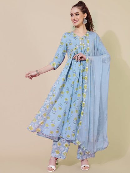 Cotton Calf Printed Semi-Flared 3/4 sleeves V-Neck Kurta Bottom Dupatta Set