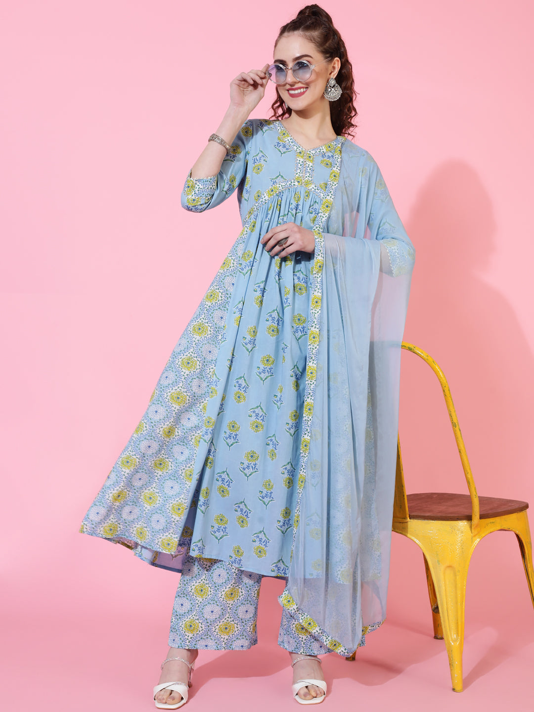 Cotton Calf Printed Semi-Flared 3/4 sleeves V-Neck Kurta Bottom Dupatta Set