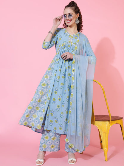 Cotton Calf Printed Semi-Flared 3/4 sleeves V-Neck Kurta Bottom Dupatta Set