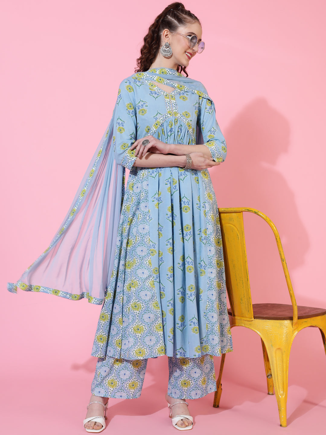 Cotton Calf Printed Semi-Flared 3/4 sleeves V-Neck Kurta Bottom Dupatta Set