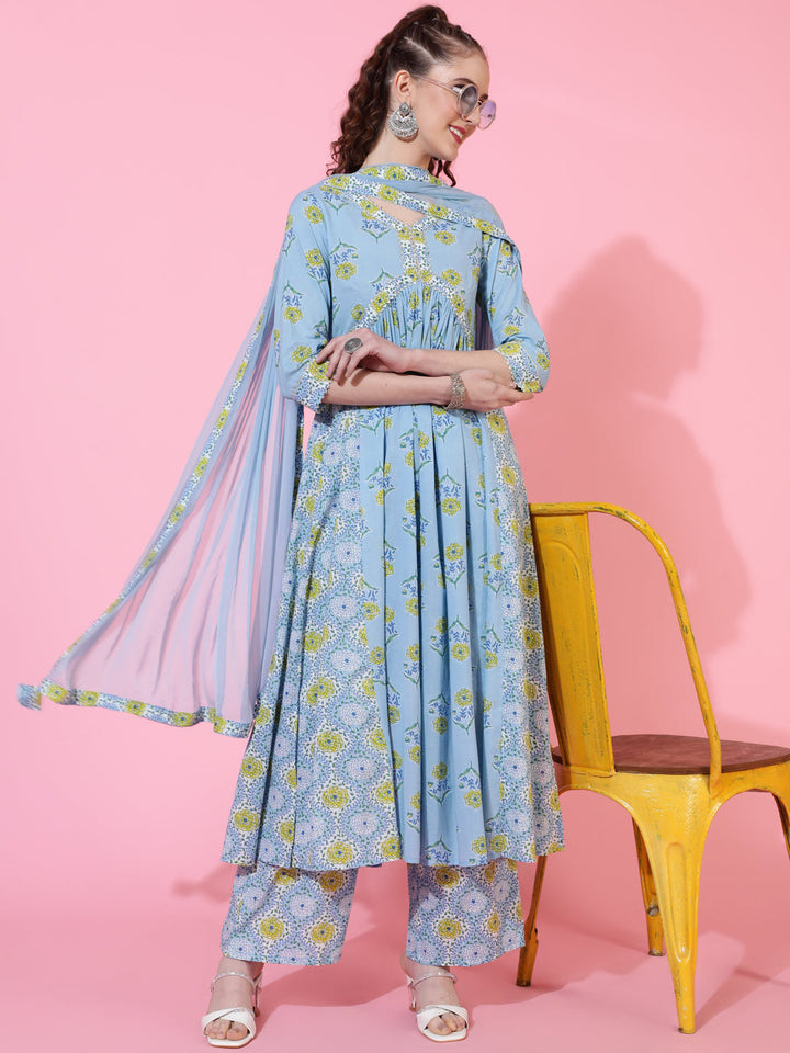 Cotton Calf Printed Semi-Flared 3/4 sleeves V-Neck Kurta Bottom Dupatta Set