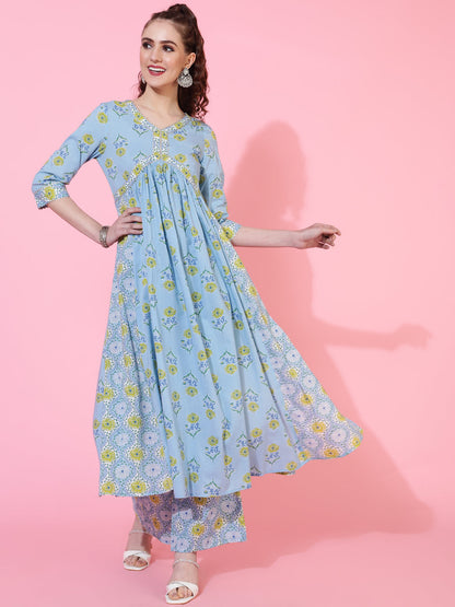 Cotton Calf Printed Semi-Flared 3/4 sleeves V-Neck Kurta Bottom Dupatta Set