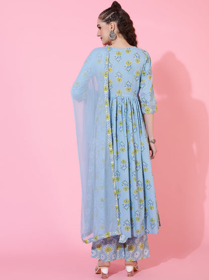 Cotton Calf Printed Semi-Flared 3/4 sleeves V-Neck Kurta Bottom Dupatta Set