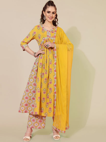 Cotton Calf Printed Semi-Flared 3/4 sleeves V-Neck Kurta Bottom Dupatta Set