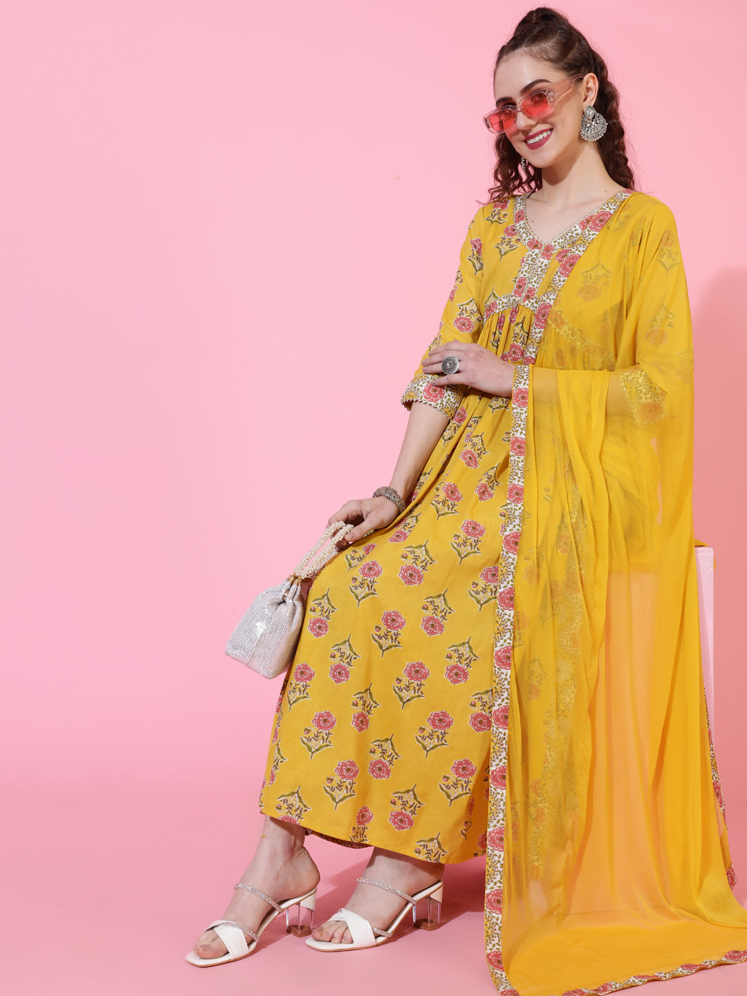 Cotton Calf Printed Semi-Flared 3/4 sleeves V-Neck Kurta Bottom Dupatta Set