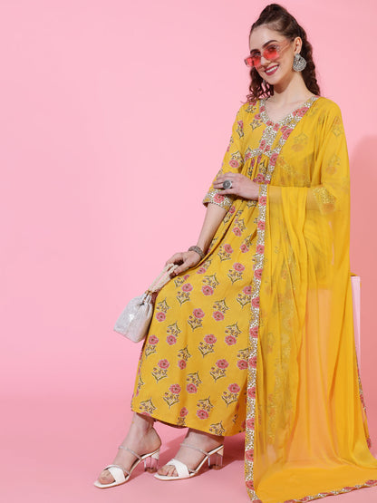 Cotton Calf Printed Semi-Flared 3/4 sleeves V-Neck Kurta Bottom Dupatta Set