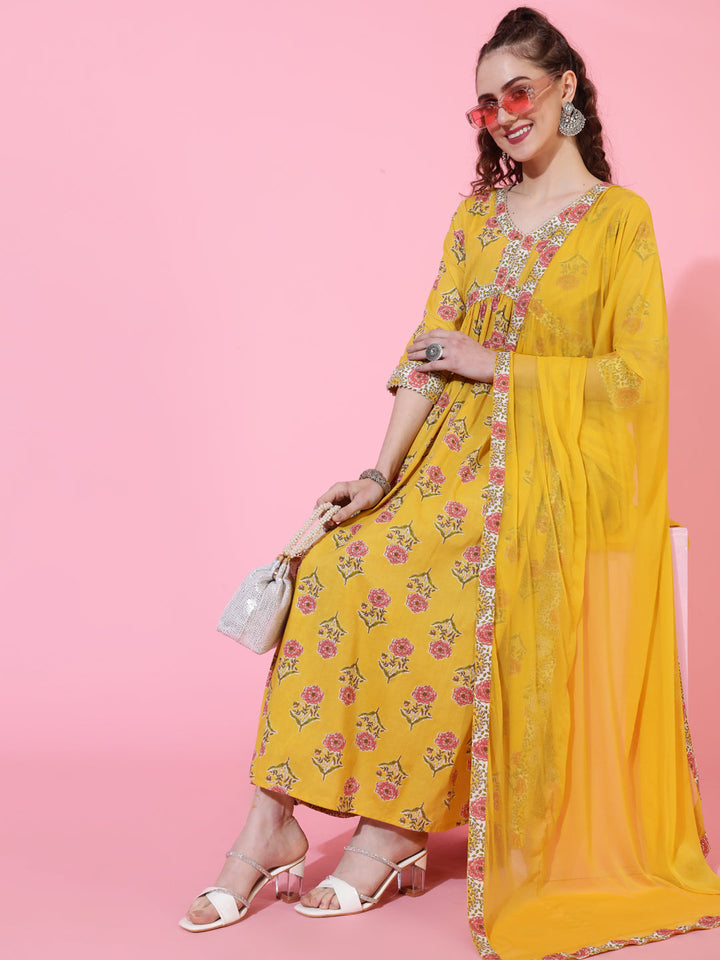 Cotton Calf Printed Semi-Flared 3/4 sleeves V-Neck Kurta Bottom Dupatta Set