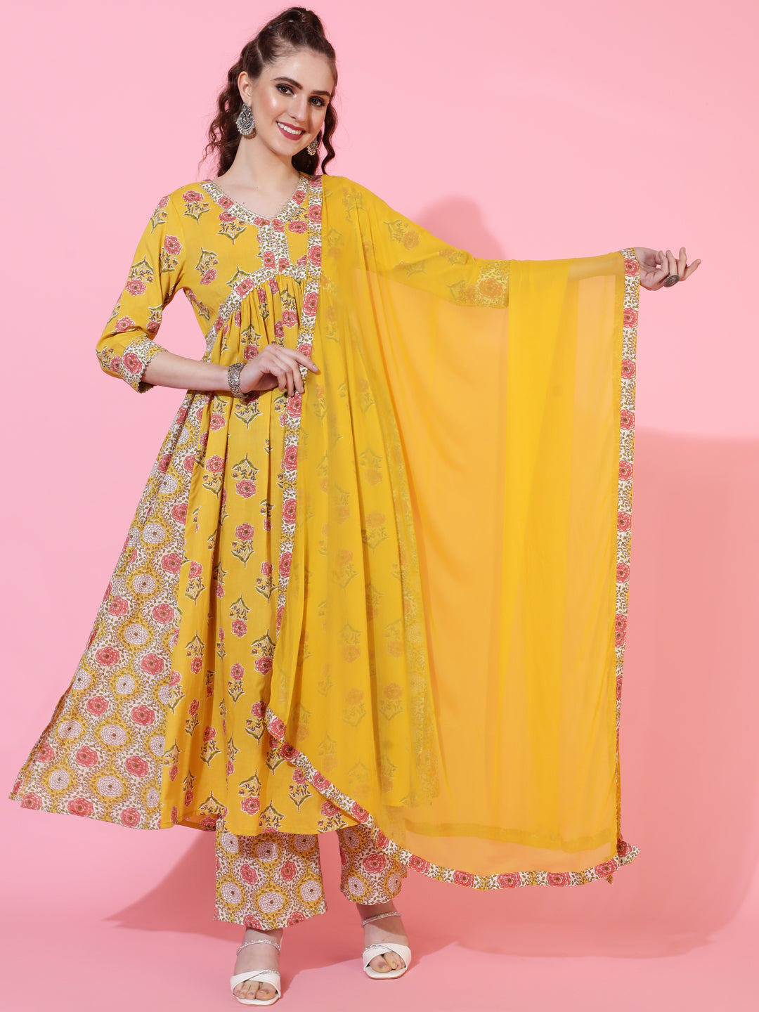 Cotton Calf Printed Semi-Flared 3/4 sleeves V-Neck Kurta Bottom Dupatta Set