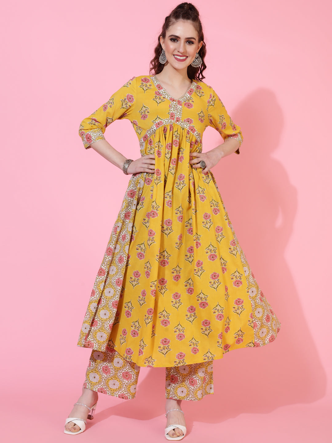 Cotton Calf Printed Semi-Flared 3/4 sleeves V-Neck Kurta Bottom Dupatta Set