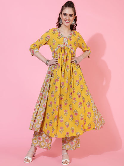 Cotton Calf Printed Semi-Flared 3/4 sleeves V-Neck Kurta Bottom Dupatta Set