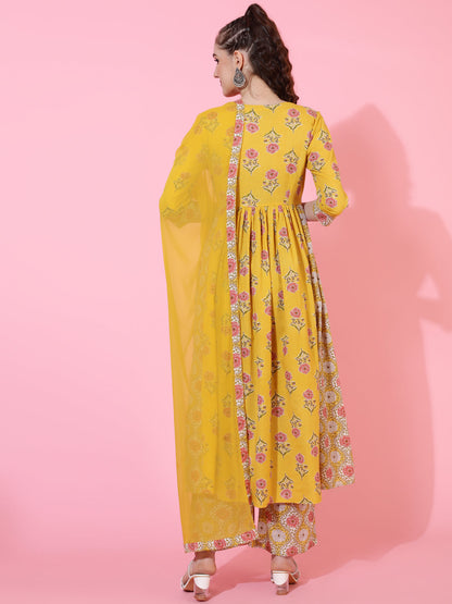 Cotton Calf Printed Semi-Flared 3/4 sleeves V-Neck Kurta Bottom Dupatta Set