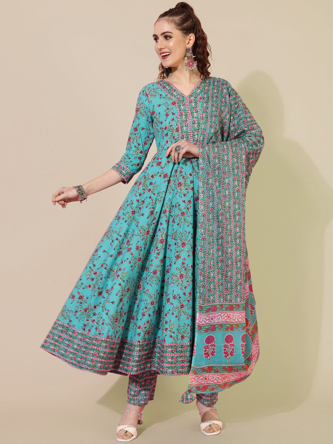 Cotton Calf Printed Flared 3/4 sleeves V-Neck Kurta Bottom Dupatta Set