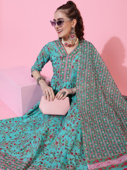 Cotton Calf Printed Flared 3/4 sleeves V-Neck Kurta Bottom Dupatta Set