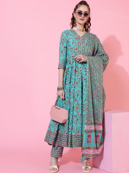 Cotton Calf Printed Flared 3/4 sleeves V-Neck Kurta Bottom Dupatta Set
