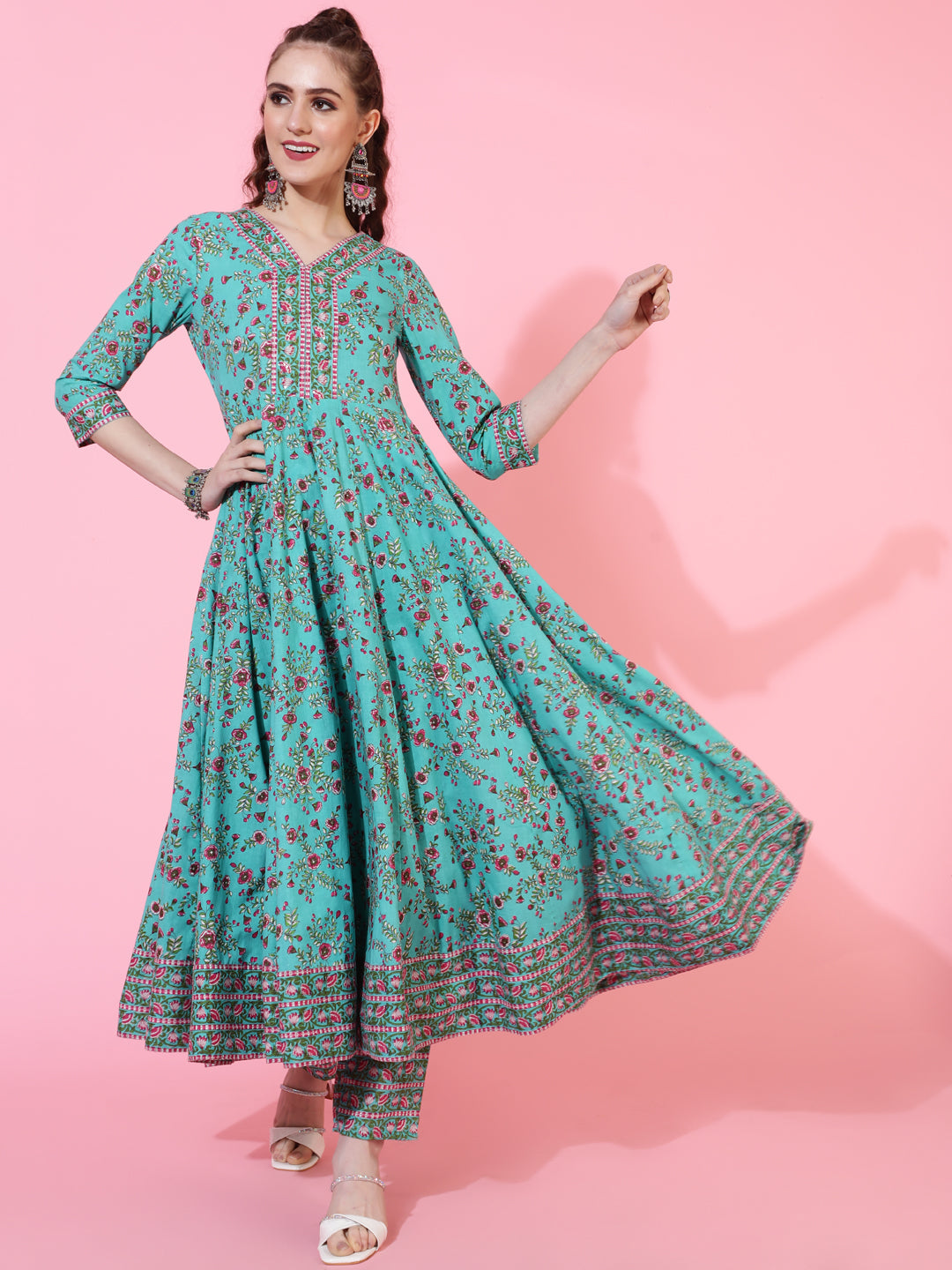 Cotton Calf Printed Flared 3/4 sleeves V-Neck Kurta Bottom Dupatta Set