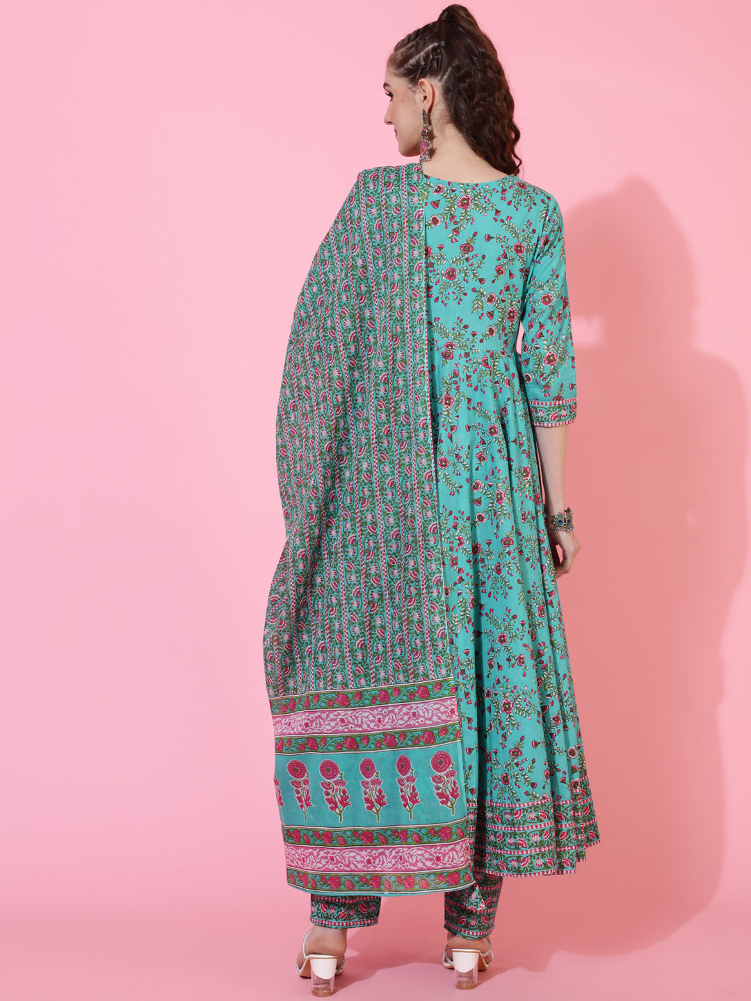 Cotton Calf Printed Flared 3/4 sleeves V-Neck Kurta Bottom Dupatta Set
