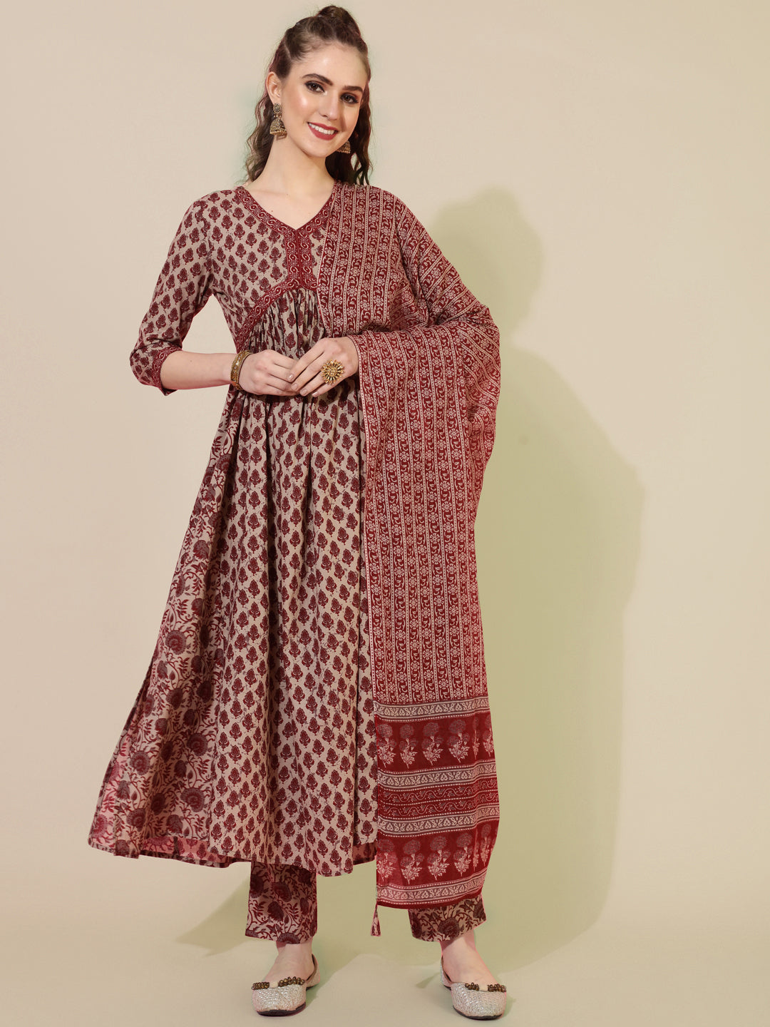 Cotton Calf Printed Semi-Flared 3/4 sleeves V-Neck Kurta Bottom Dupatta Set