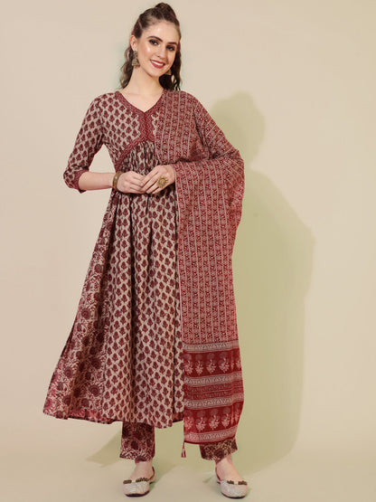 Cotton Calf Printed Semi-Flared 3/4 sleeves V-Neck Kurta Bottom Dupatta Set