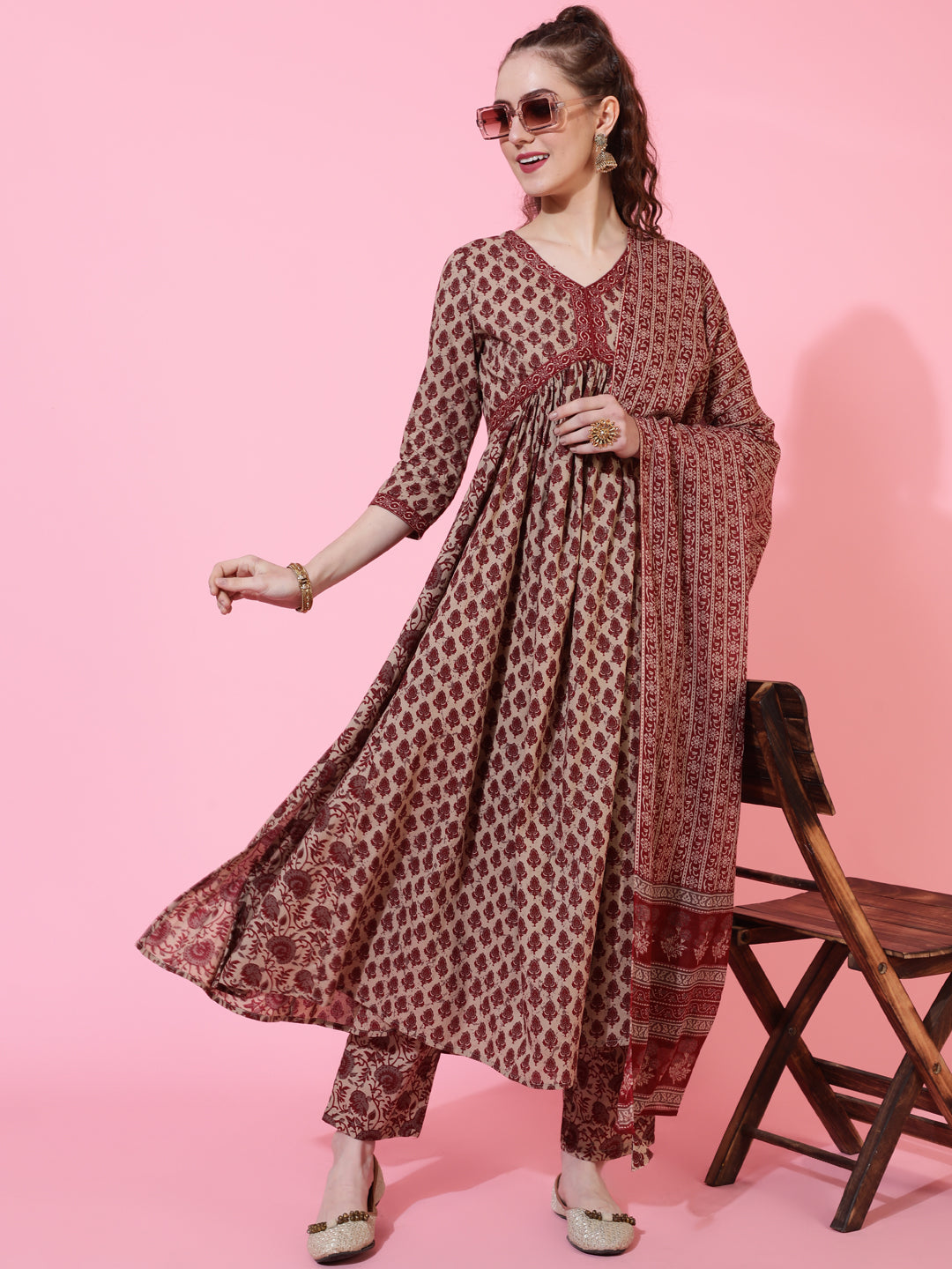 Cotton Calf Printed Semi-Flared 3/4 sleeves V-Neck Kurta Bottom Dupatta Set