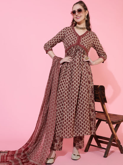 Cotton Calf Printed Semi-Flared 3/4 sleeves V-Neck Kurta Bottom Dupatta Set