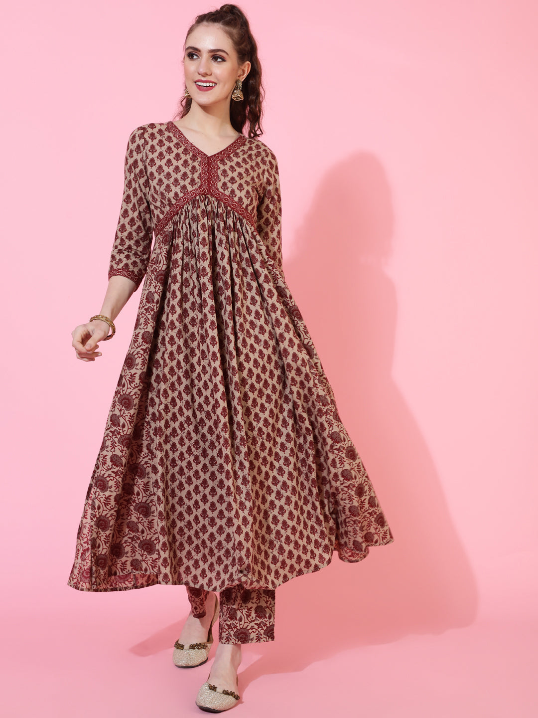 Cotton Calf Printed Semi-Flared 3/4 sleeves V-Neck Kurta Bottom Dupatta Set